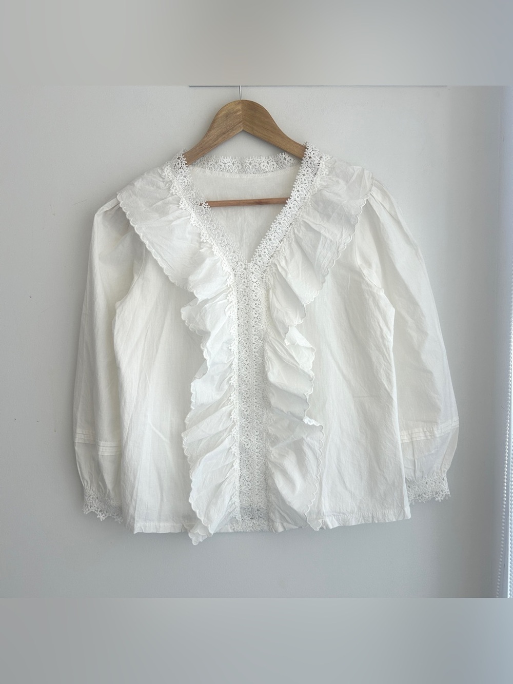 White Ruffle Cotton Lace-Trim Women's Blouse